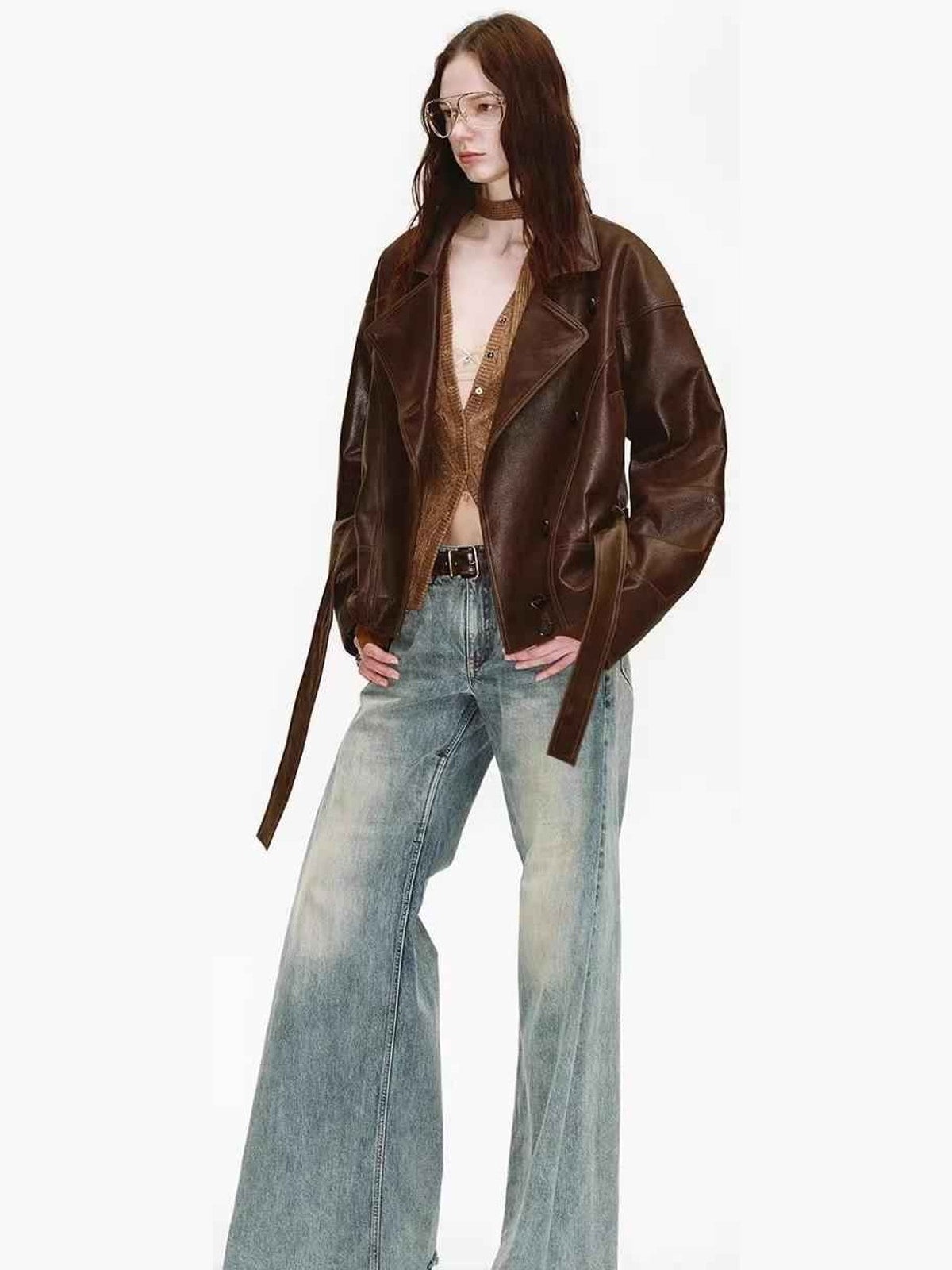 Firelady Fur Women's Waxed Sheepskin Biker Coat - Belted Asymmetric Lapel "Peninsula Black Tea" - variant_title