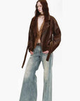 Firelady Fur Women's Waxed Sheepskin Biker Coat - Belted Asymmetric Lapel "Peninsula Black Tea" - variant_title
