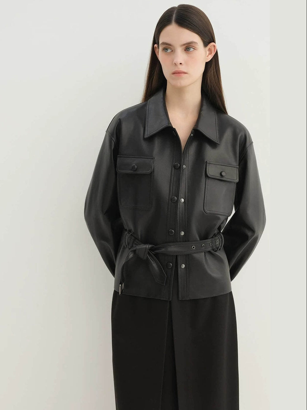 Letrans Women's Cropped Belted Leather Safari Jacket “Twilight Knight”Firelady Fur