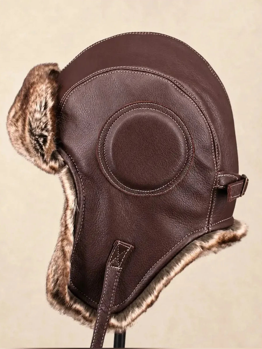 Unisex genuine leather aviator hat with fur lining in Natural Brown – product and material detail | Firelady Fur