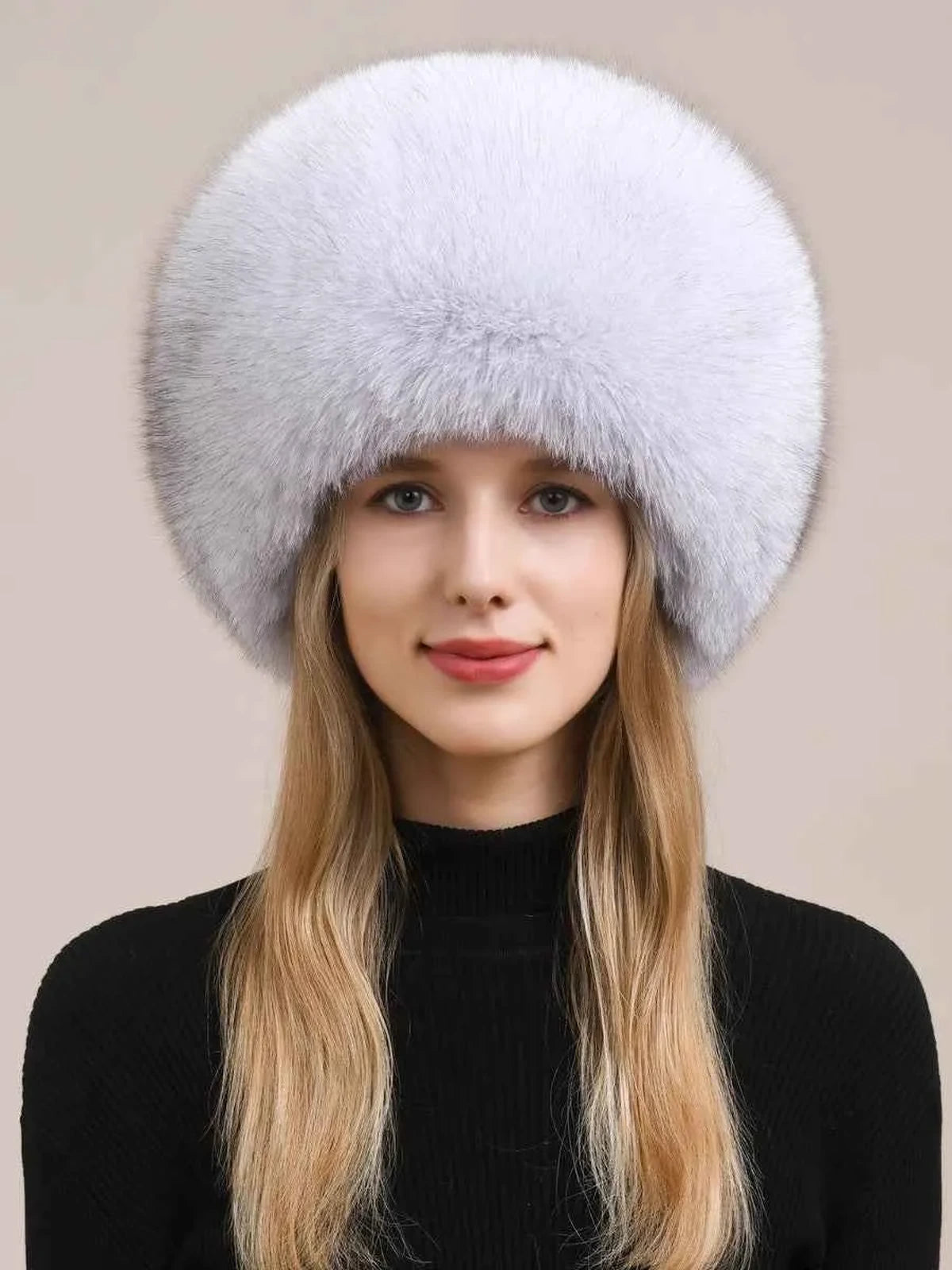 Women's fox fur hat with earmuffs in Blue Fox – styled on model | Firelady Fur