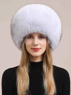 Women's fox fur hat with earmuffs in Blue Fox – styled on model | Firelady Fur