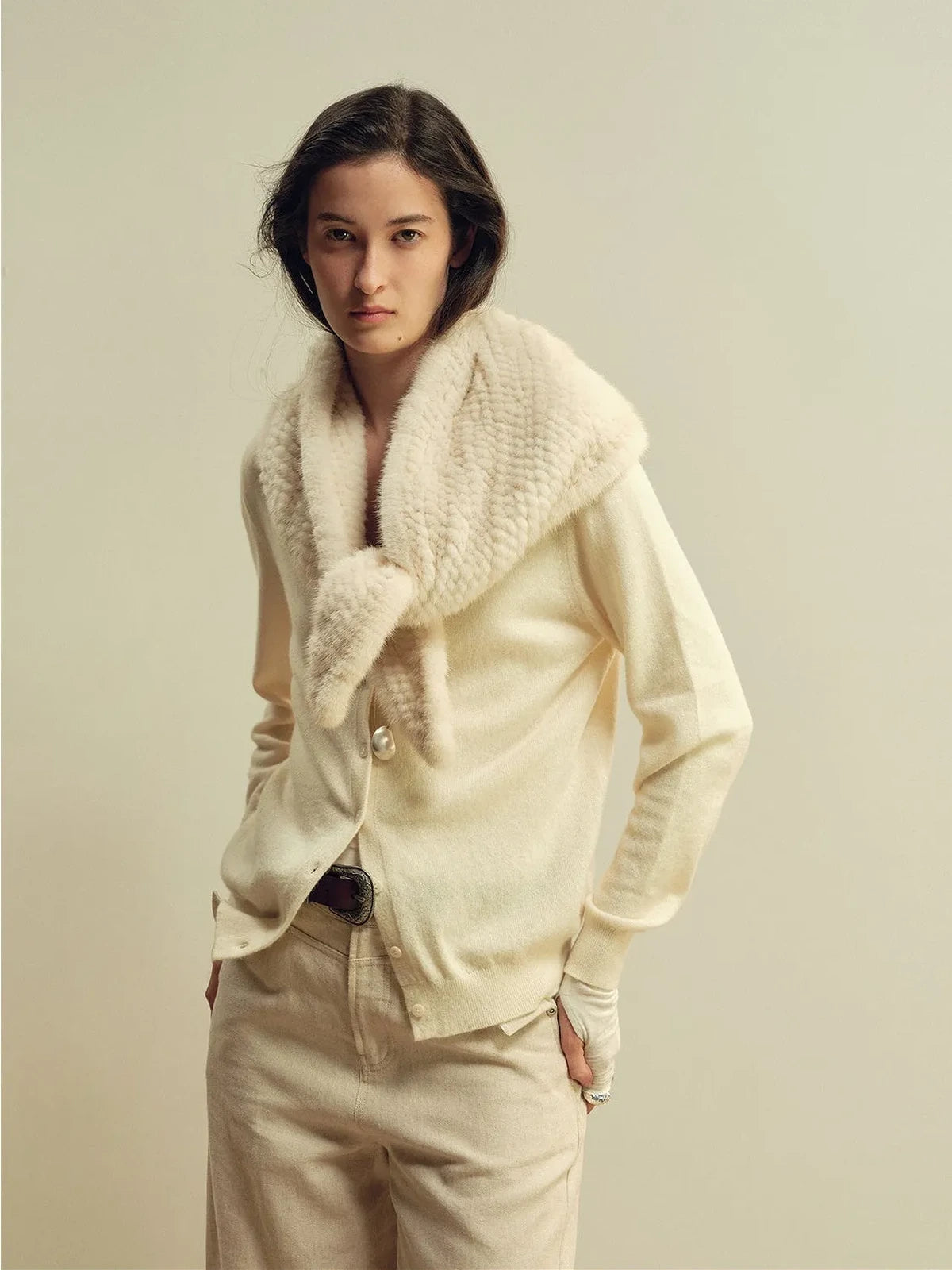 Women's mink fur triangle scarf in Pearl White – styled on model | Firelady Fur