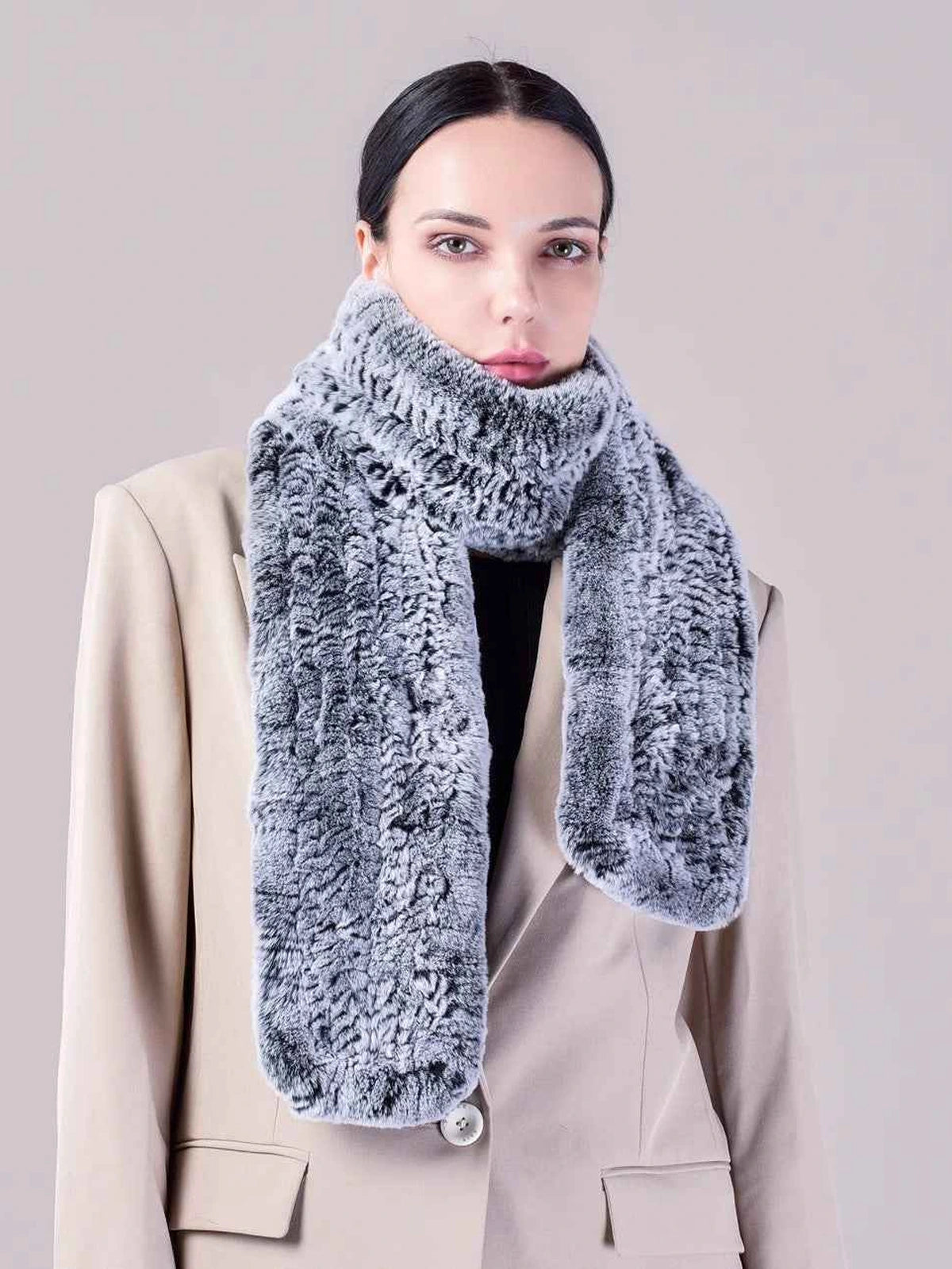 Women's Rex rabbit fur long scarf in Frost Black – styled on model | Firelady Fur