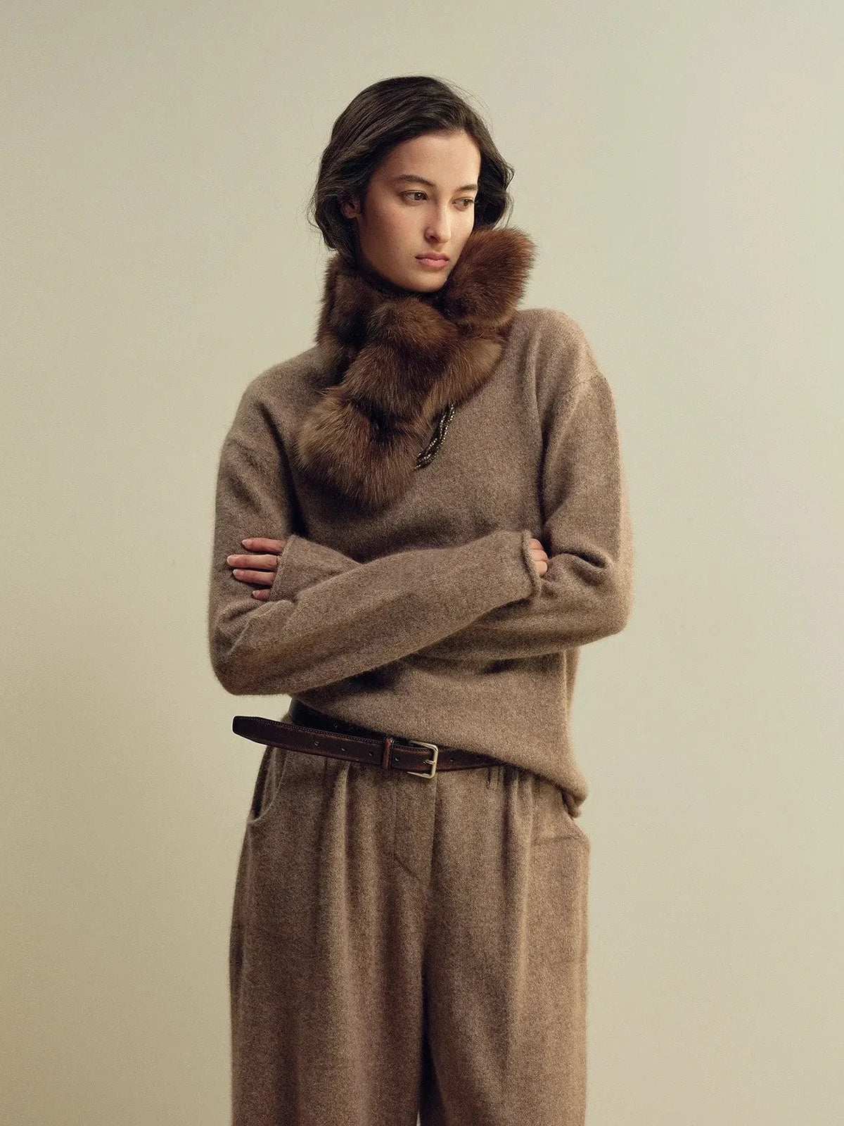 Women's ribbed mink fur scarf in Brown – styled on model | Firelady Fur