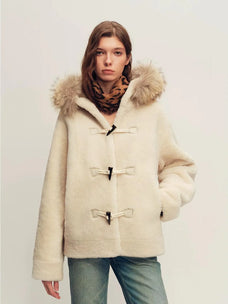 Firelady Fur Women's Hooded Merino Shearling Coat with Detachable Fur Collar and Toggle Closure