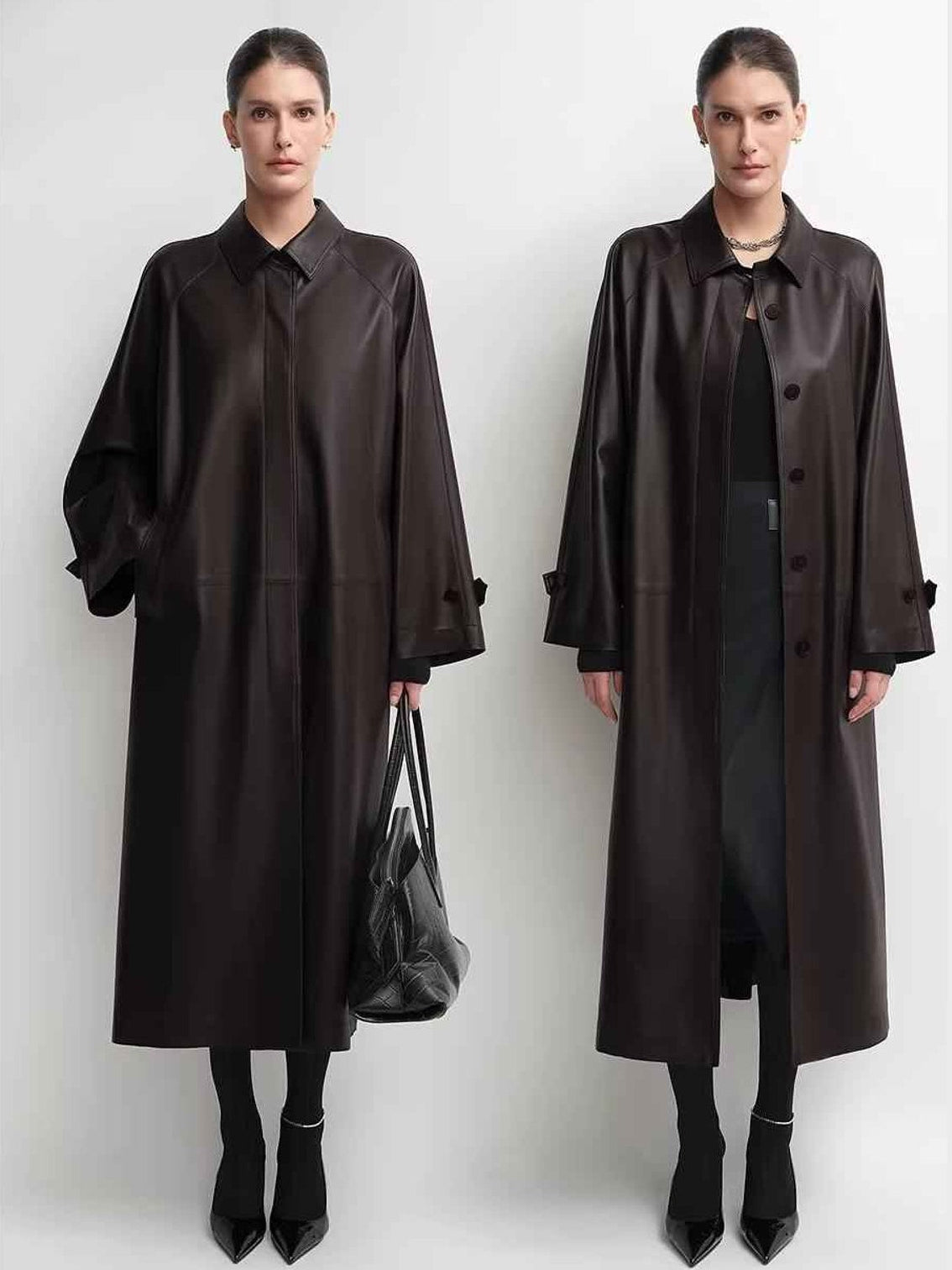 THE ARTM Women's Lambskin Leather Trench Coat - Long A-Line Raglan Sleeve Jacket