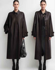 THE ARTM Women's Lambskin Leather Trench Coat - Long A-Line Raglan Sleeve Jacket