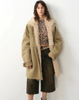 Khaki Sheepskin Fireladyfur Cool Denim goose down parka open front with detachable fur lining