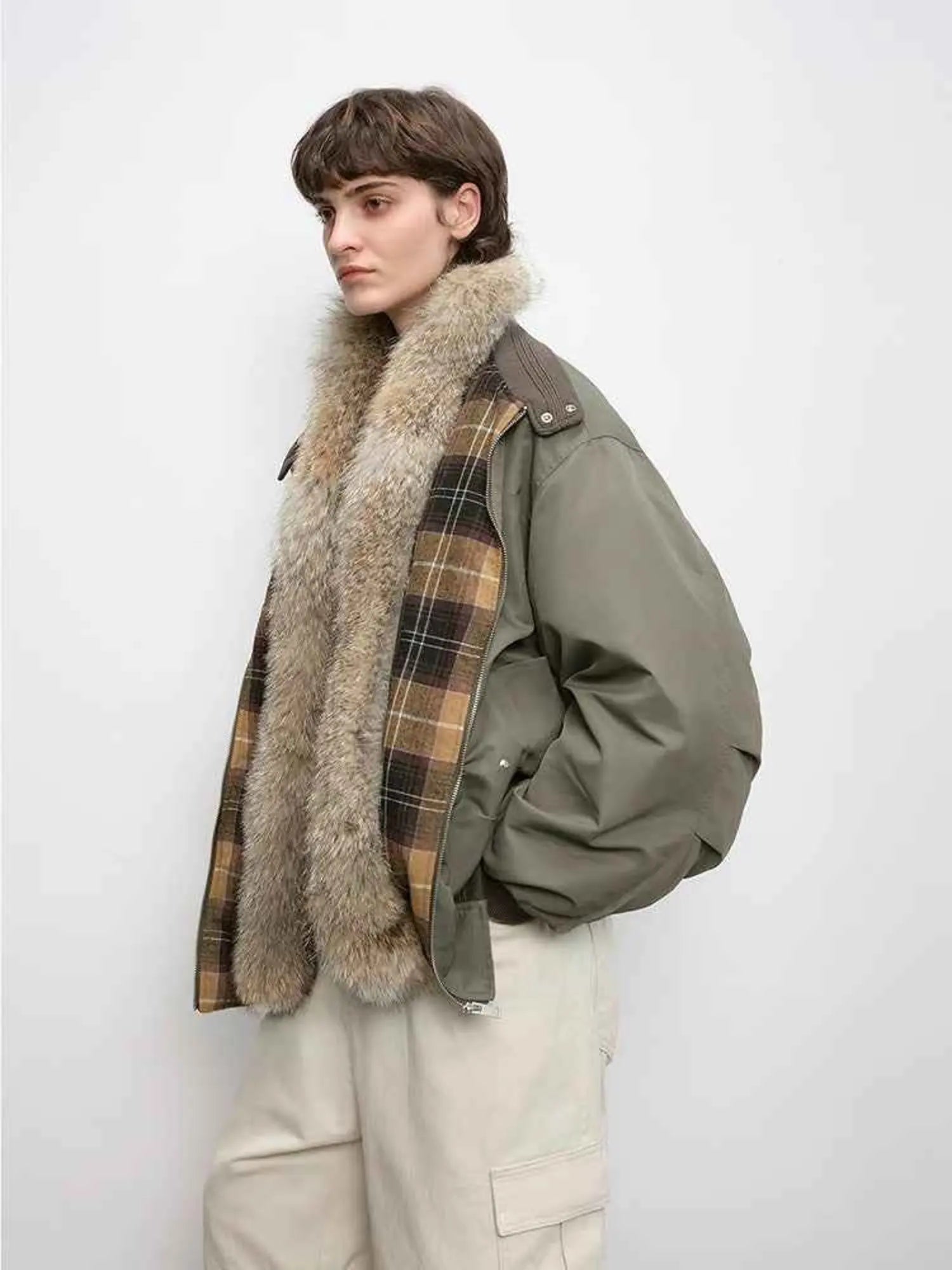 Firelady Fur Urban Warmth women's Grayish green detachable wolf fur collar parka side view on model