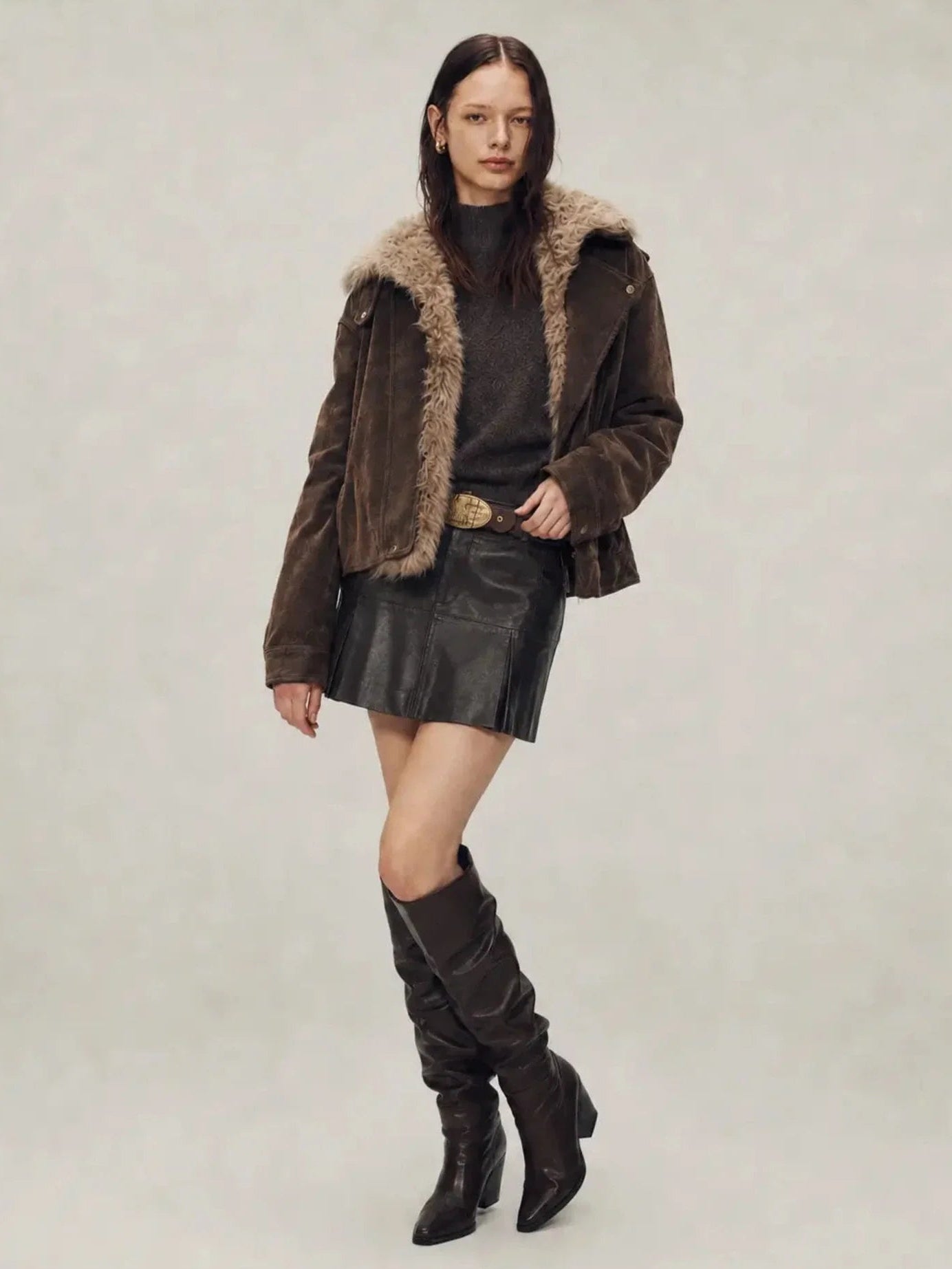 Chestnut Brown Firelady Fur Wander Free denim parka styled with skirt and detachable fur collar