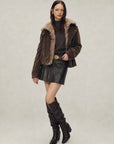 Chestnut Brown Firelady Fur Wander Free denim parka styled with skirt and detachable fur collar