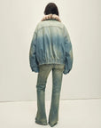 Back view of Firelady Fur Warm Mist Glass Blue denim parka with detachable fox fur collar