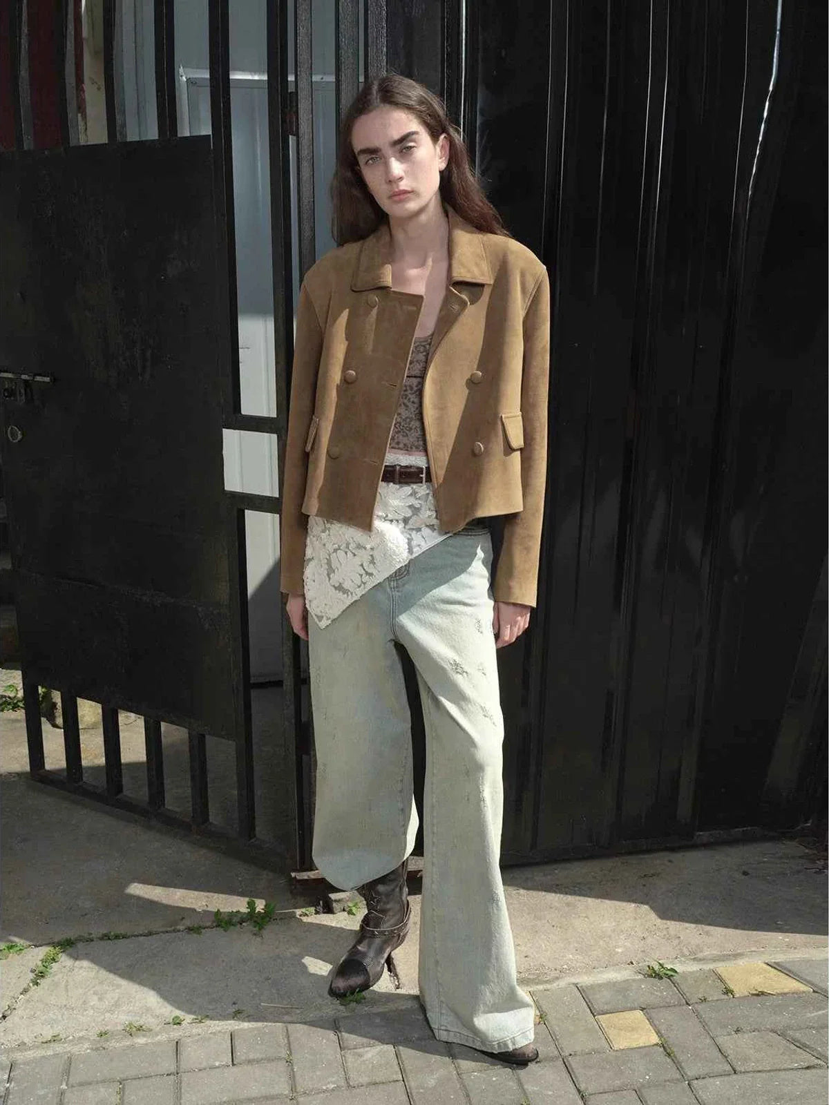 Nth power sand brown suede leather jacket full body styling