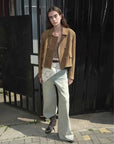 Nth power sand brown suede leather jacket full body styling