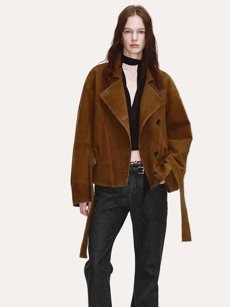 Firelady Fur Women's Waxed Sheepskin Biker Coat - Belted Asymmetric Lapel "Peninsula Black Tea" - variant_title