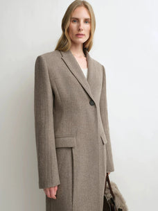 THE ARTM taupe brown wool long coat lapel and waist close-up