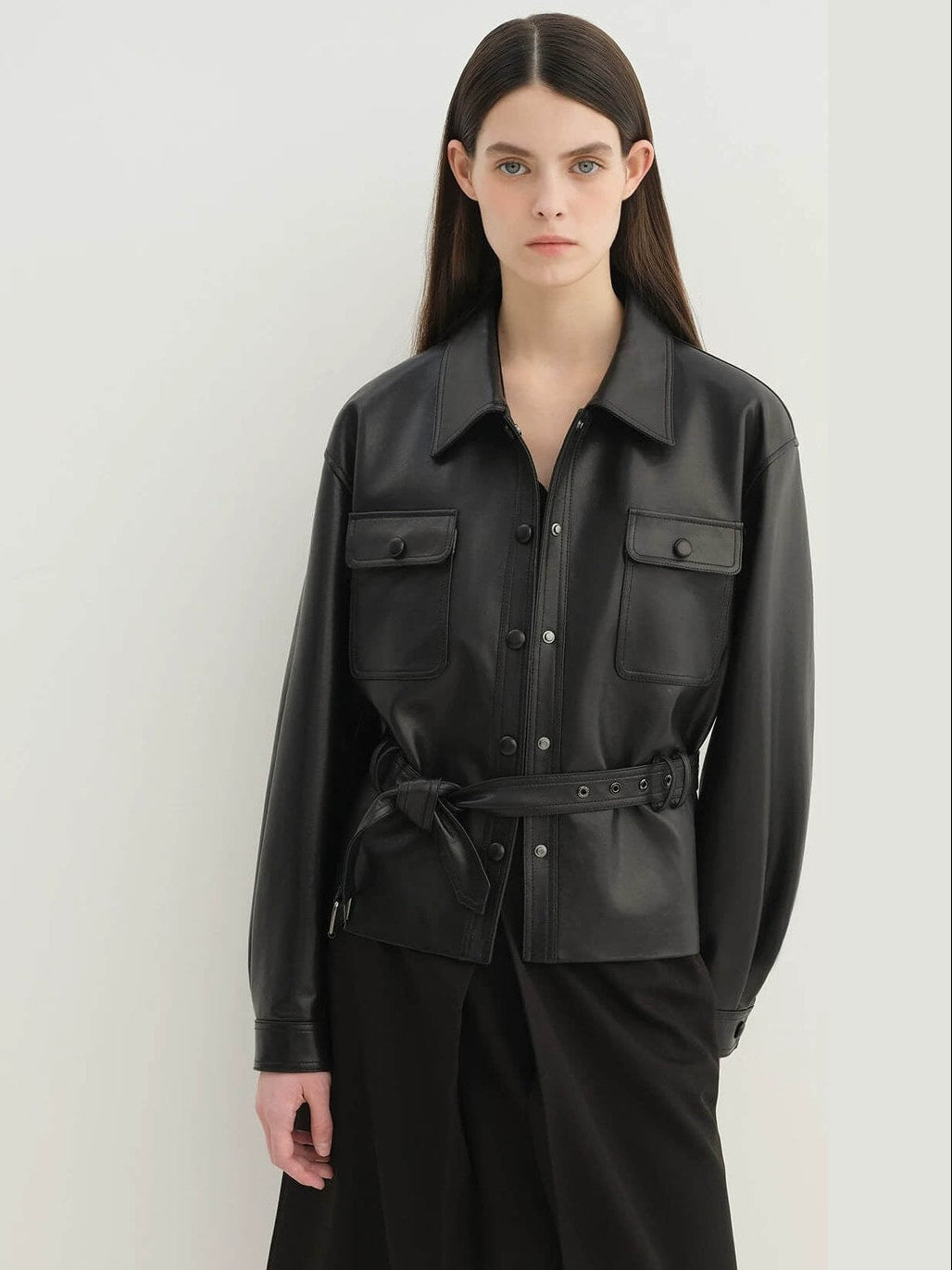 Letrans Women's Cropped Belted Leather Safari Jacket “Twilight Knight”Firelady Fur