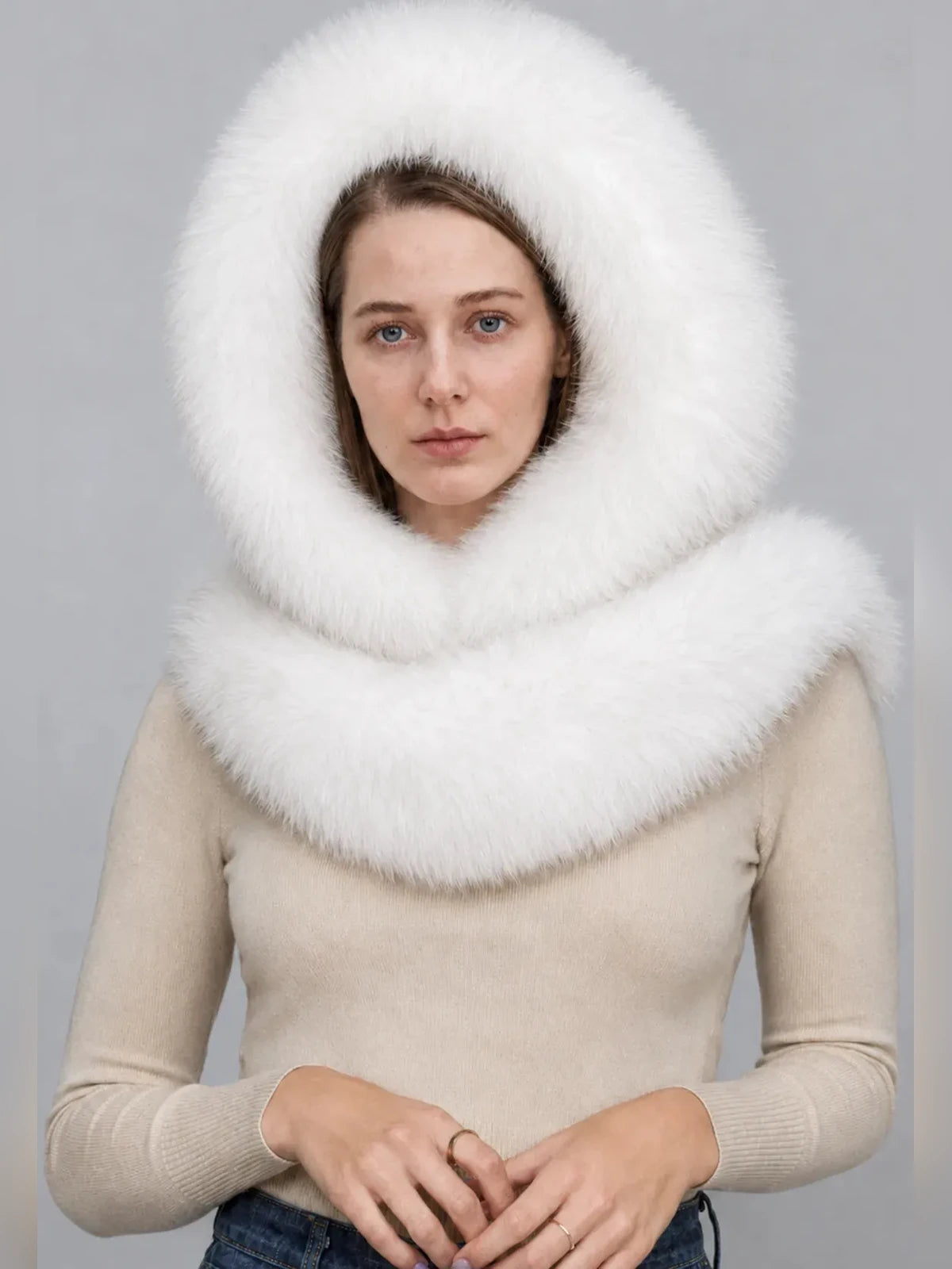 Women's fox fur hooded scarf in White – styled on model | Firelady Fur
