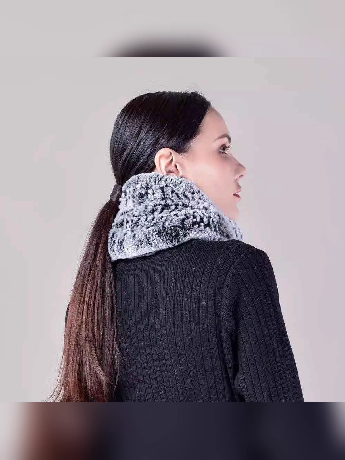 Women's Rex rabbit fur long scarf in Frost Black – styled on model | Firelady Fur