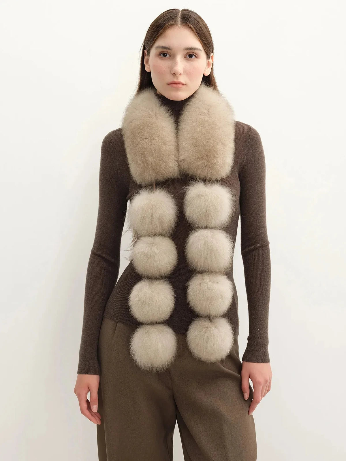 Women's two-tone fox fur pom-pom scarf in Brown – styled on model | Firelady Fur