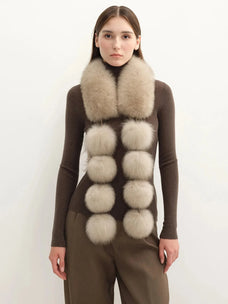 Women's two-tone fox fur pom-pom scarf in Brown – styled on model | Firelady Fur