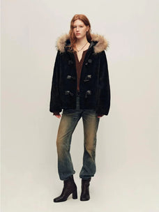 Firelady Fur Women's Hooded Merino Shearling Coat with Detachable Fur Collar and Toggle Closure