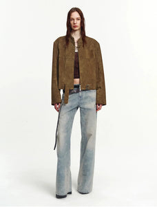 Firelady Fur Caramel Mountain suede leather biker jacket back view