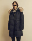 Model wearing Firelady Fur Blue Winter Style Dark Blue down parka with detachable fox fur collar front view