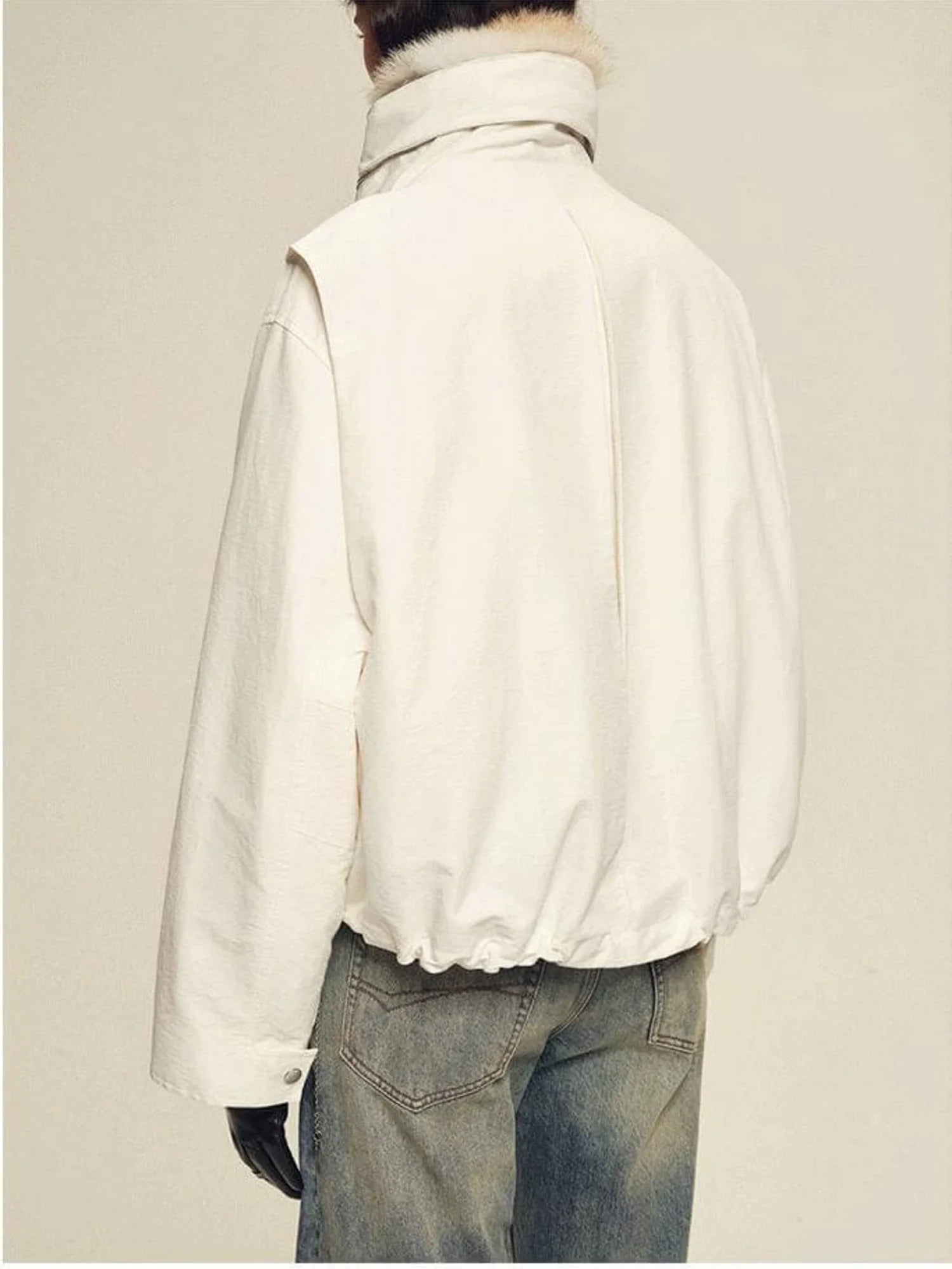 Back view of Firelady Fur Epoch Winter white parka with elastic hem and fur collar