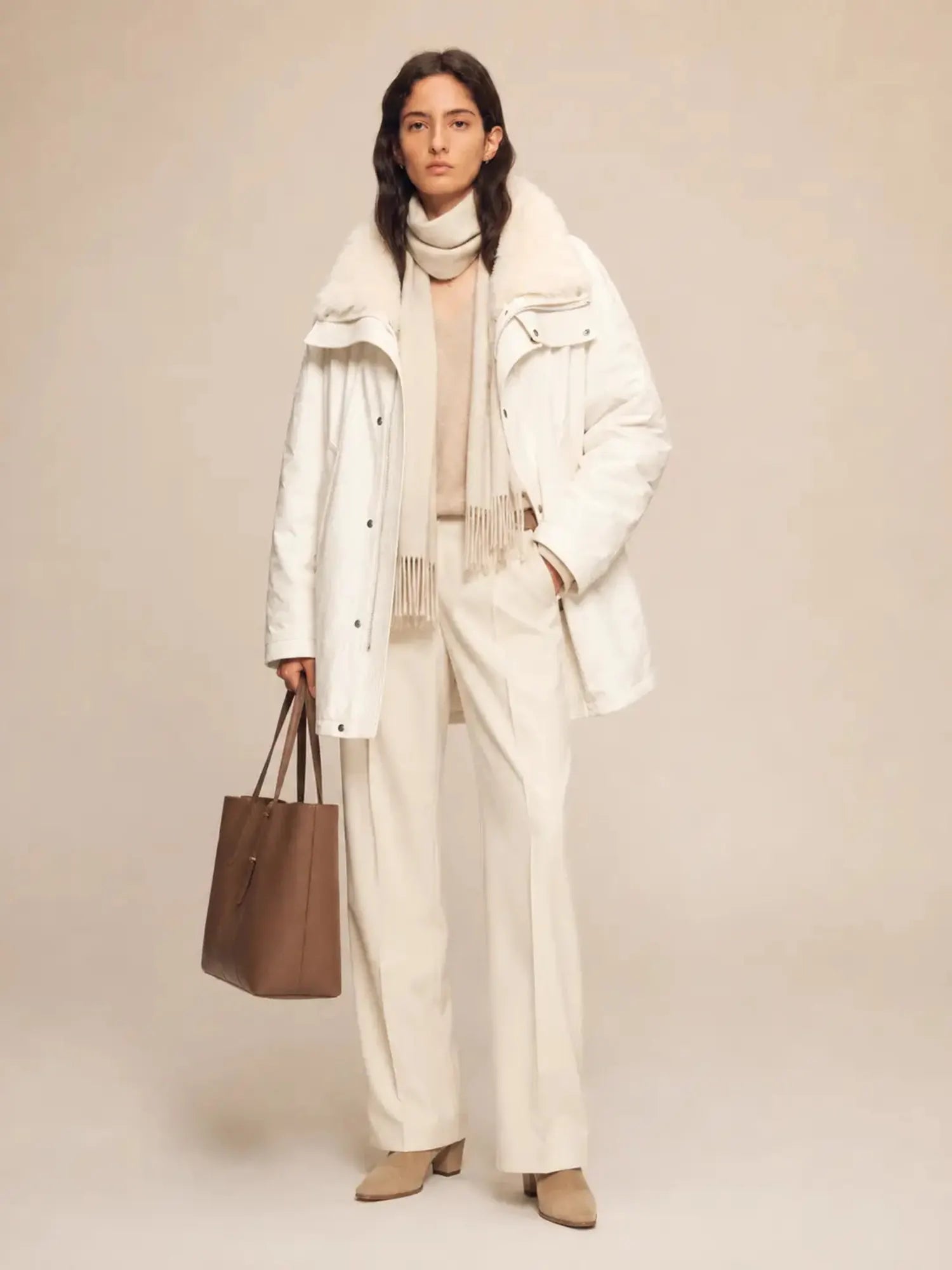 Firelady Fur Ode to the Stars white down parka styled full-body with Tokaj fur collar