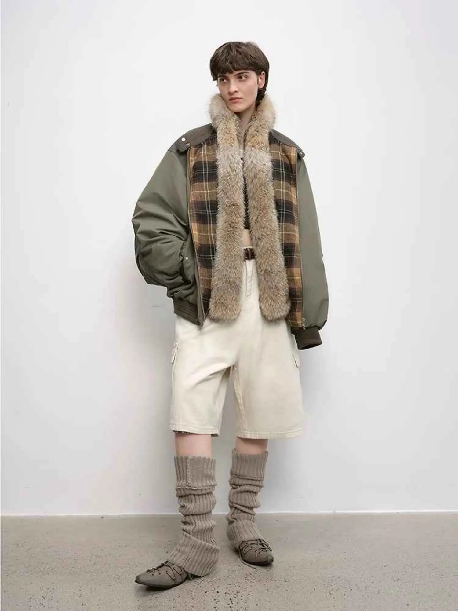 Firelady Fur Urban Warmth women's Grayish green detachable fur collar parka full-body front view