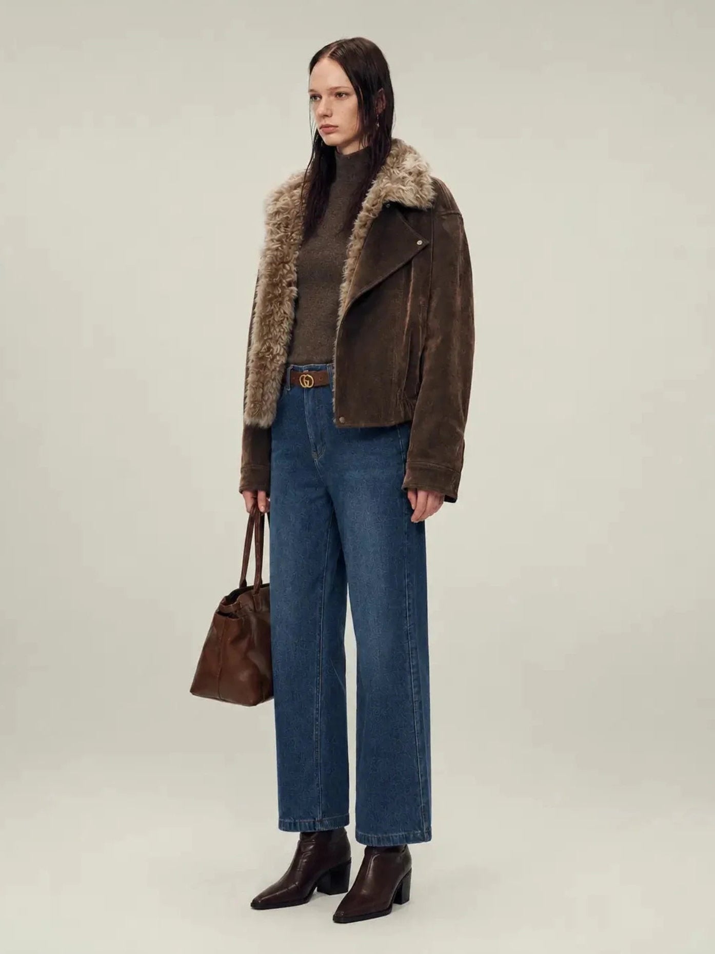 Firelady Fur Wander Free chestnut brown denim parka full-body bag styling with detachable fur collar