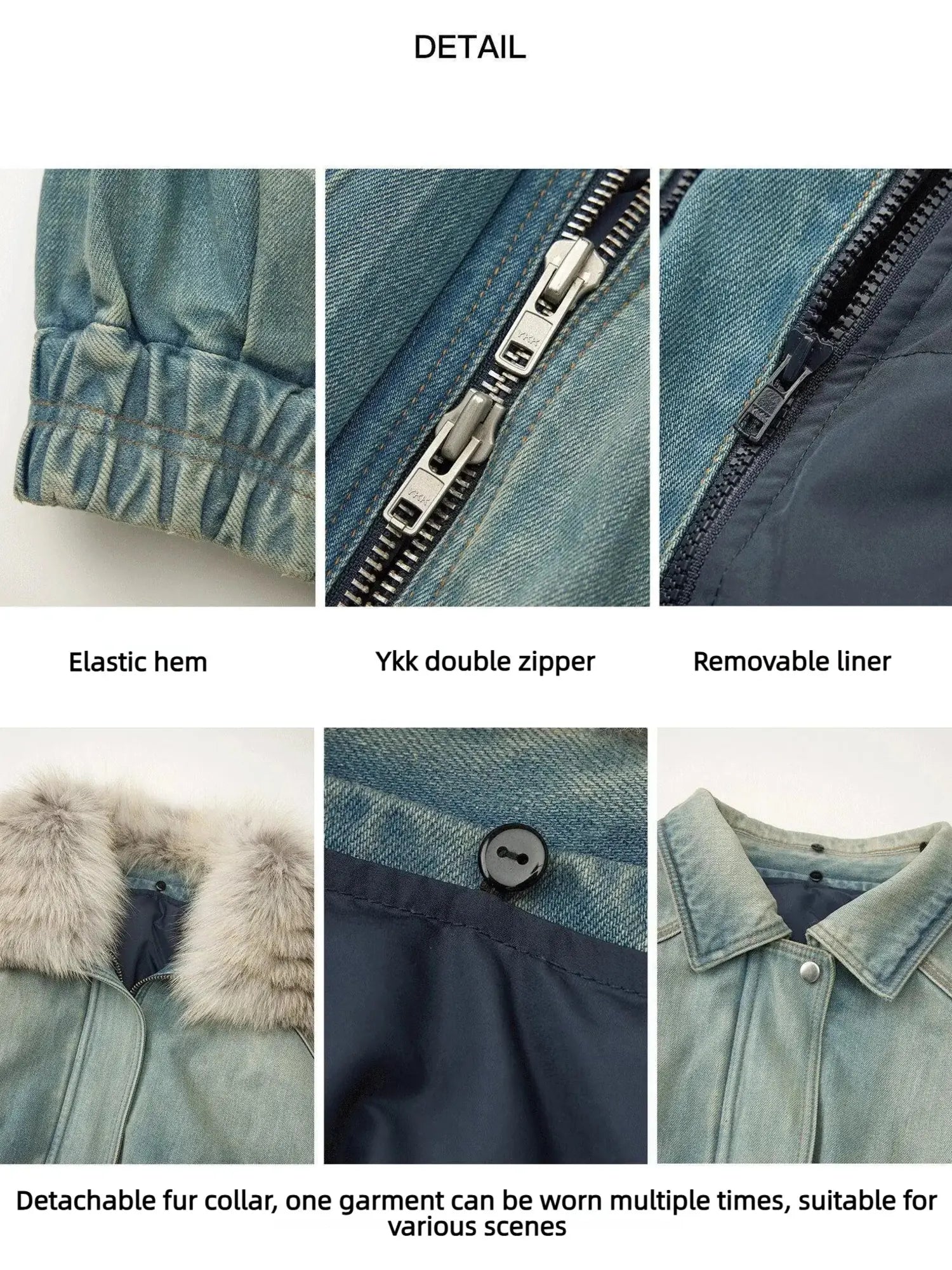 Firelady Fur Warm Mist Glass Blue denim parka detail panels showing hem zipper removable liner and fox fur collar