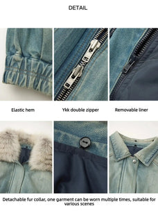 Firelady Fur Warm Mist Glass Blue denim parka detail panels showing hem zipper removable liner and fox fur collar