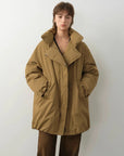 Fireladyfur Modern Introduction Khaki Sheepskin goose down parka close front view