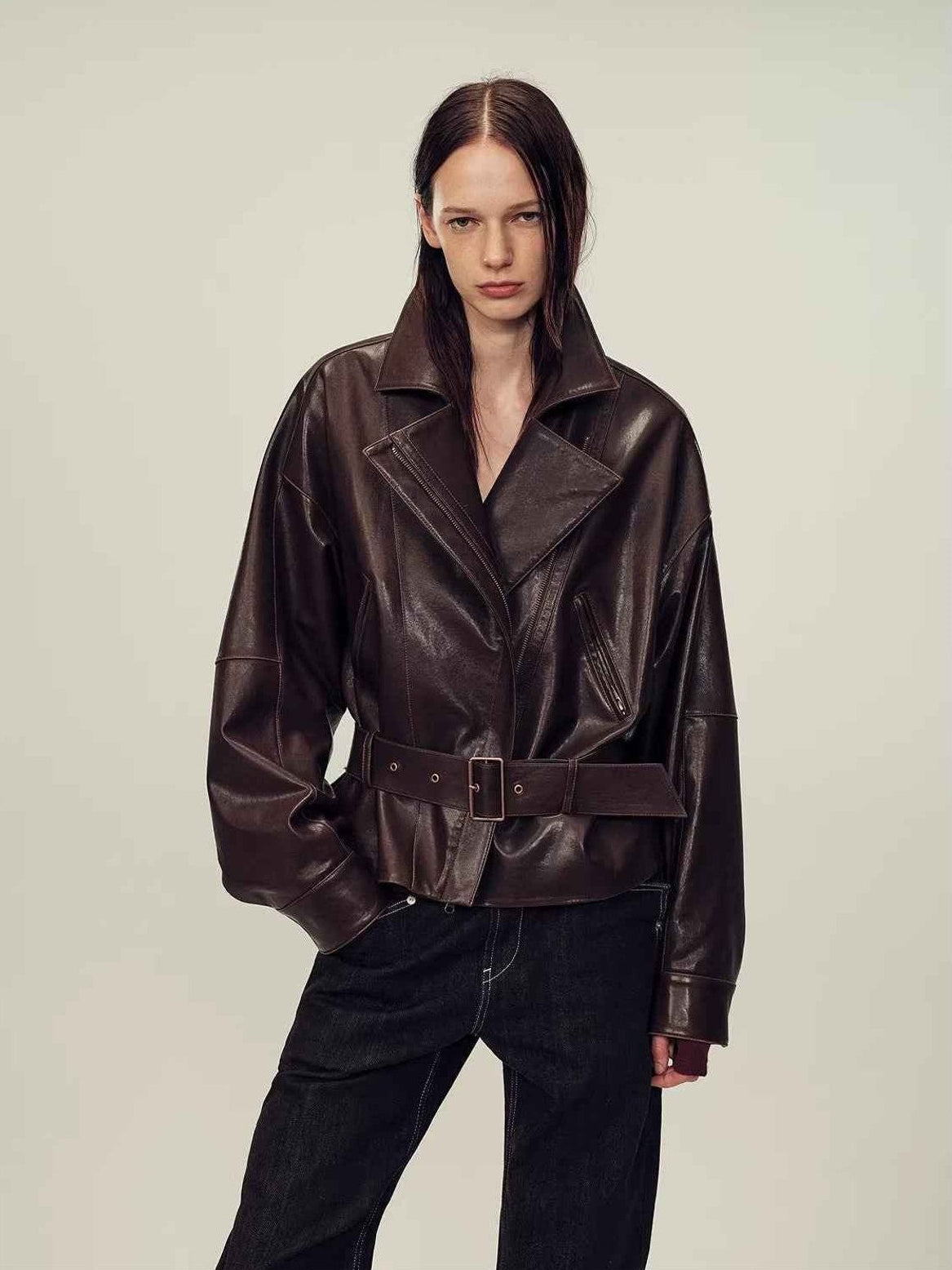 Firelady Fur Women's Two - Tone Waxed Sheepskin Leather Jacket - Belted Lapel Short Coat "Modern Queen" - variant_title