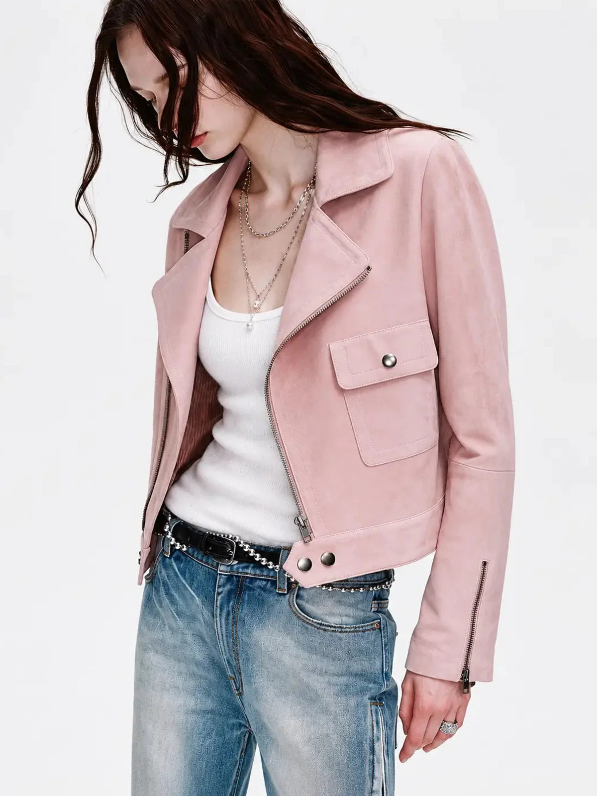 Movie Era suede biker jacket - Pink angled view