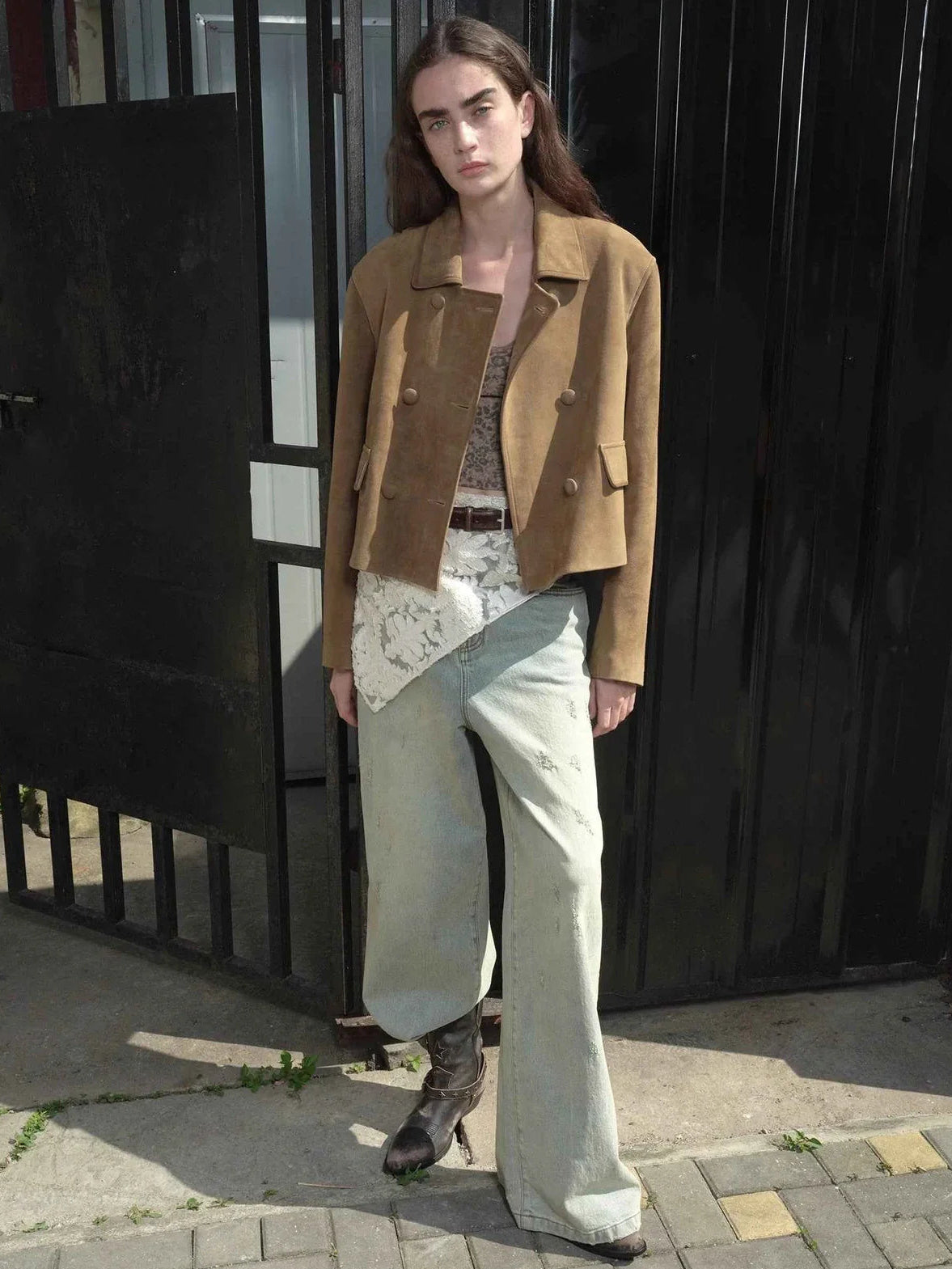 Nth power sand brown suede leather jacket street view
