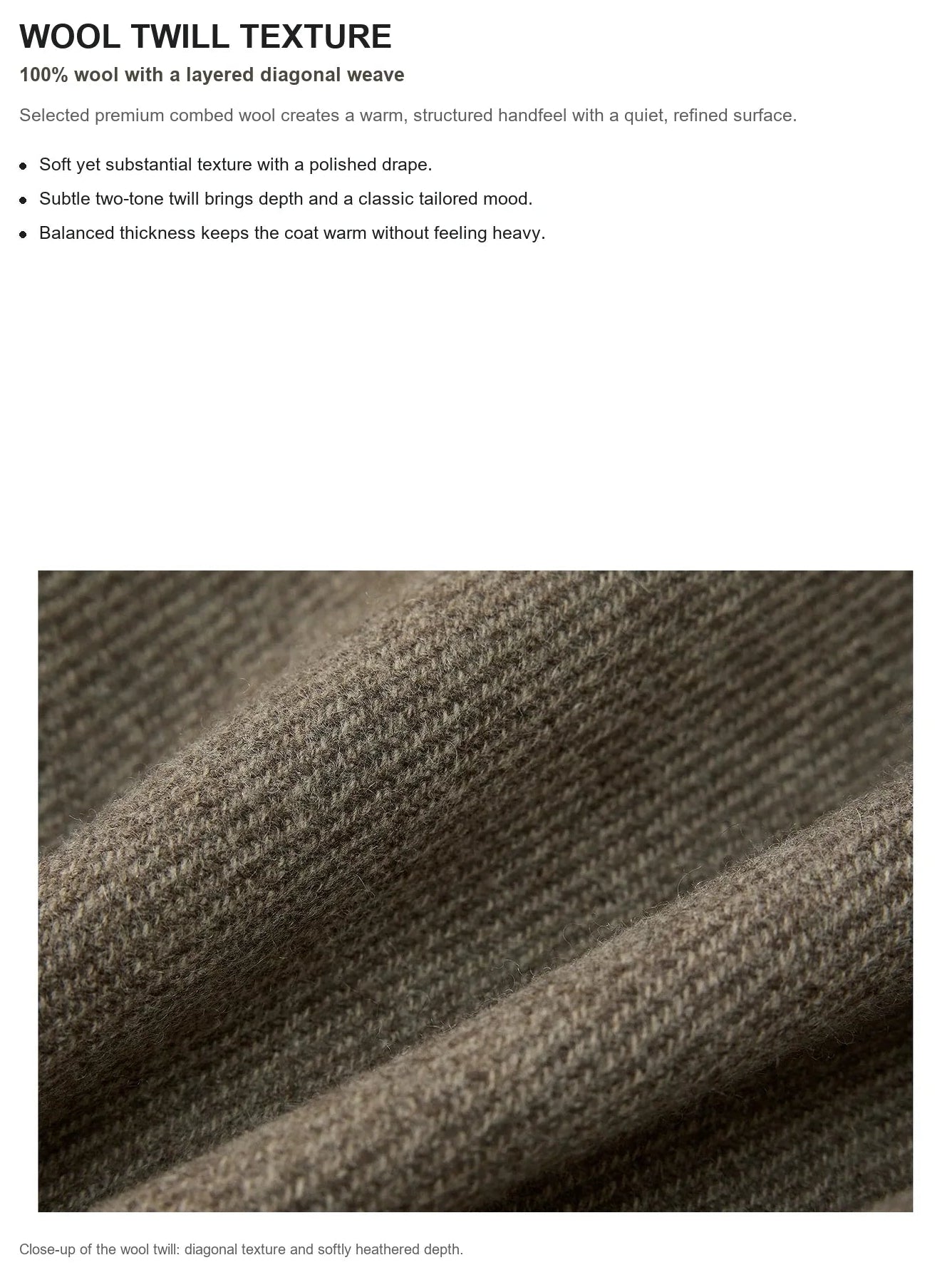 100% sheep wool twill texture detail for THE ARTM long coat
