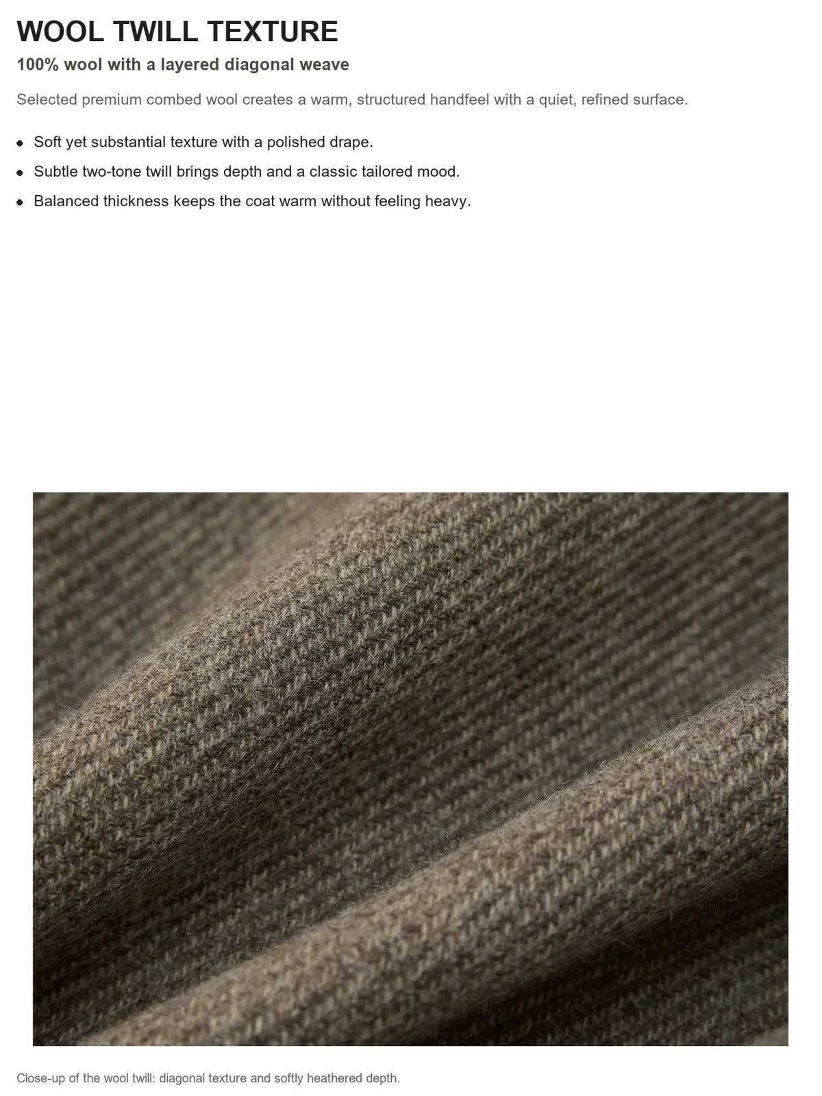100% sheep wool twill texture detail for THE ARTM long coat