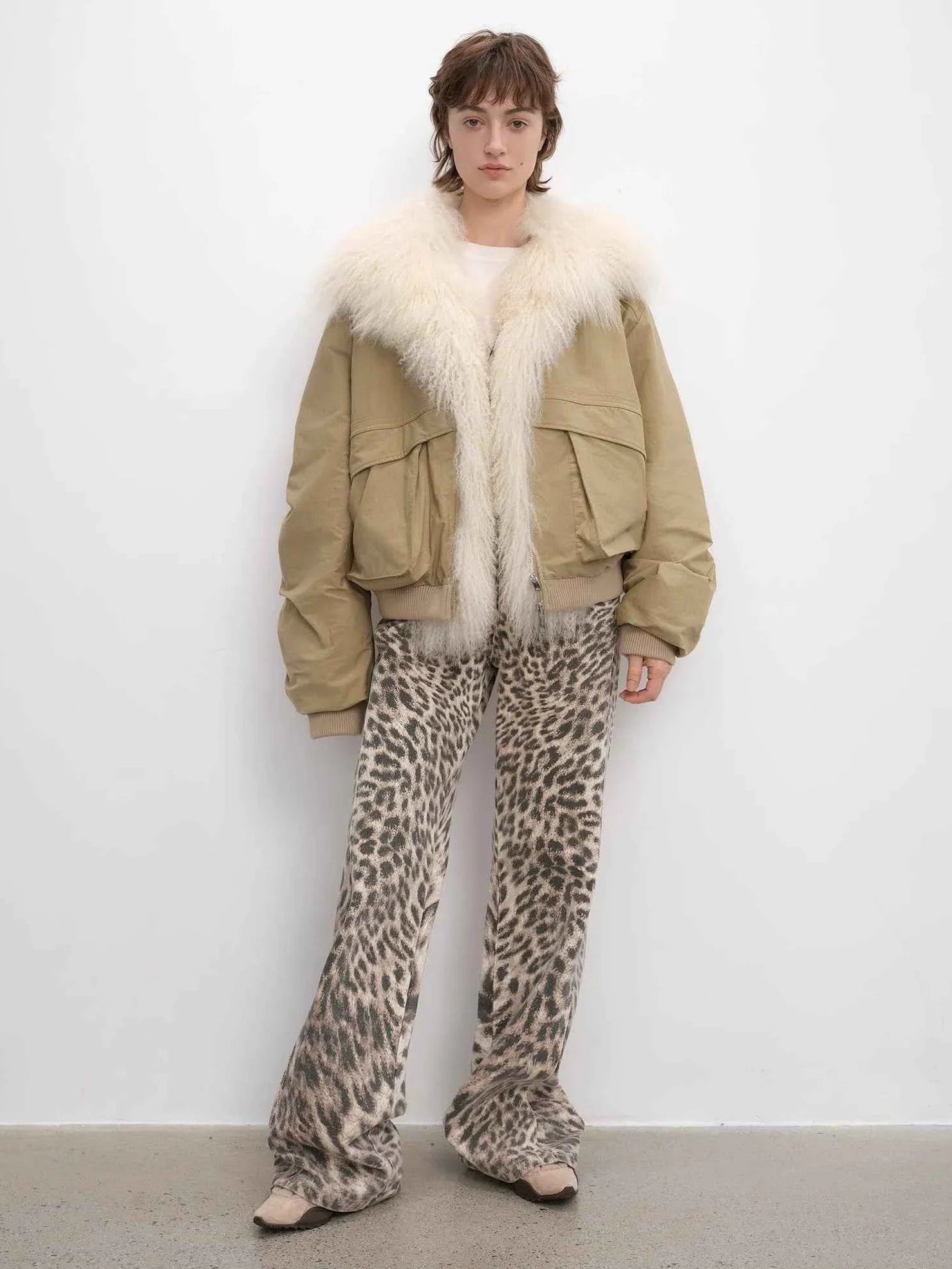 Khaki Fireladyfur Winter is Coming waterproof down jacket full body model view