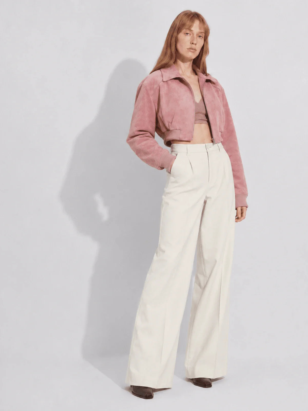 Witch Game leather pink suede jacket white pants styling