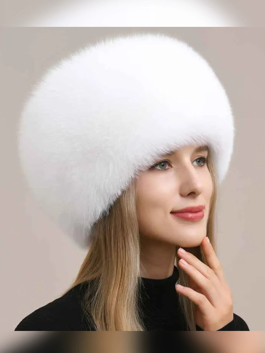 Women's fox fur hat with earmuffs in White – styled on model | Firelady Fur