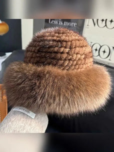 Women's mink and fox fur bucket hat in Cocoa Brown – product and material detail | Firelady Fur