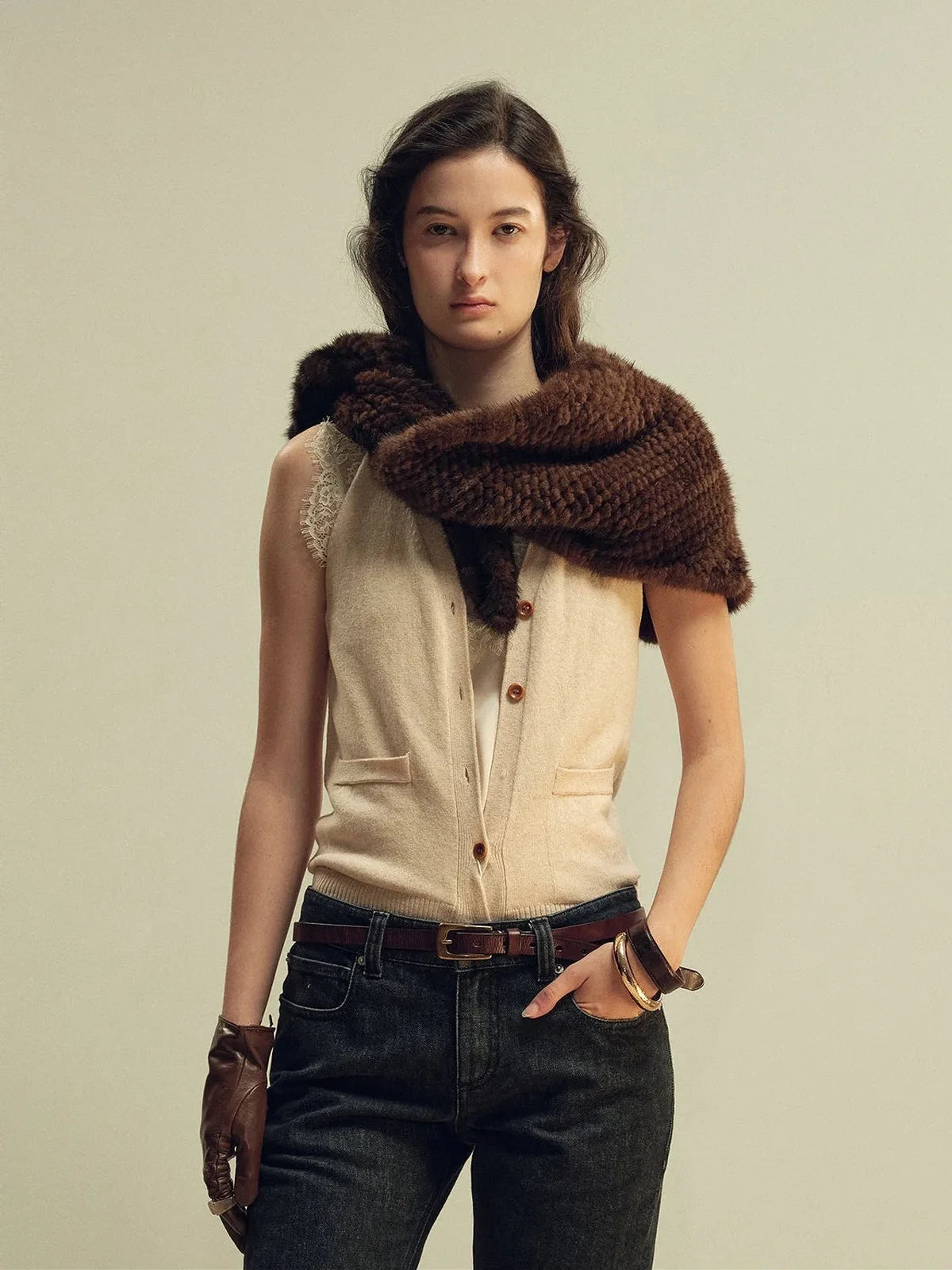 Women's mink fur triangle scarf in Raw Coffee – styled on model | Firelady Fur