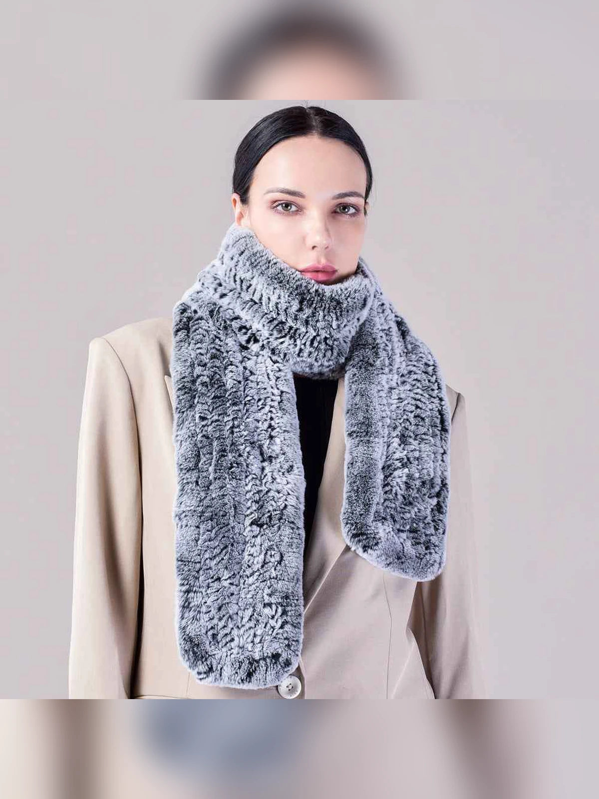 Women's Rex rabbit fur long scarf in Frost Black – styled on model | Firelady Fur