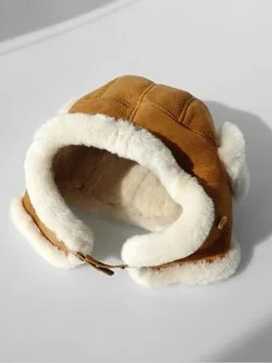 Unisex Merino wool and suede aviator hat in Dark Brown – product and material detail | Firelady Fur