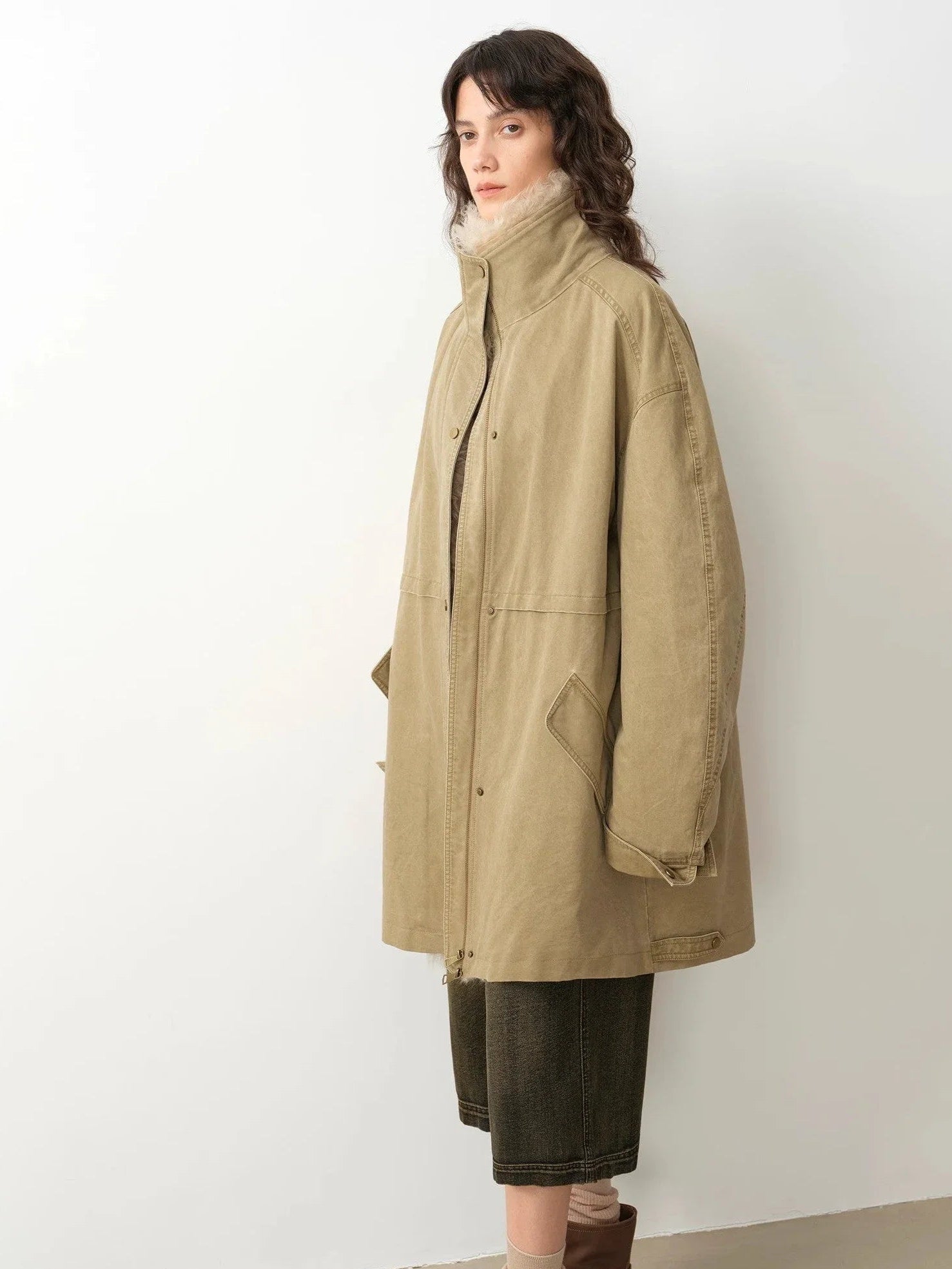 Khaki Sheepskin Fireladyfur Cool Denim workwear style down parka side silhouette view