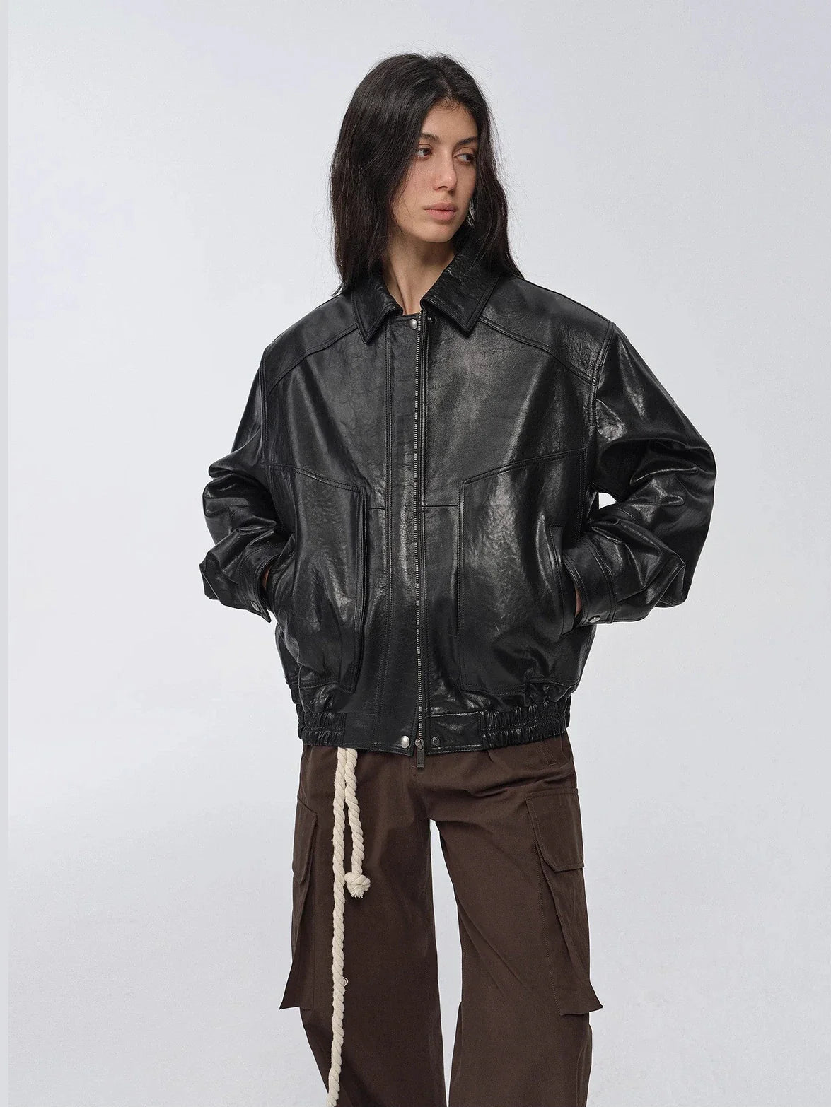 Fashionable Luke black waxed leather jacket front view
